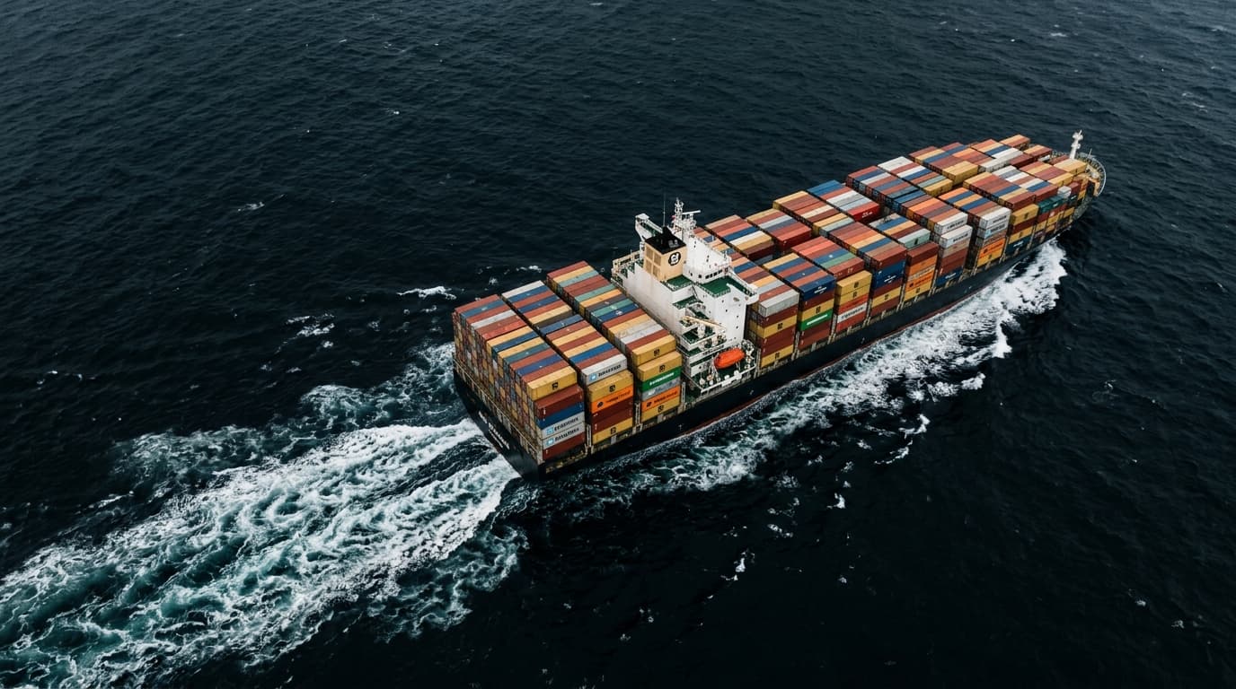 Aerial view of a container ship at sea